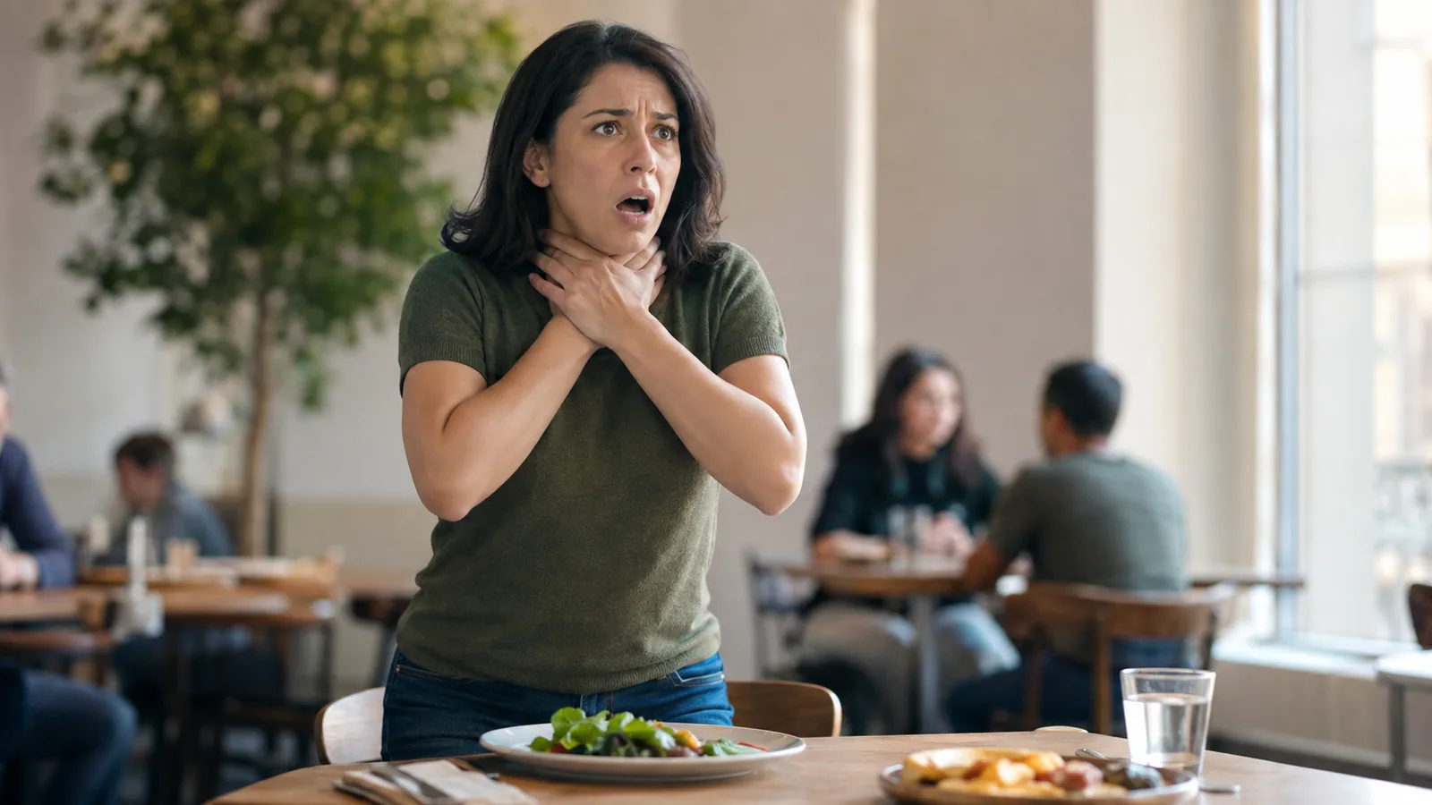 An adult standing at a restaurant table giving the universal choking sign, both hands gripping their own throat, mouth open, looking toward someone off camera.
