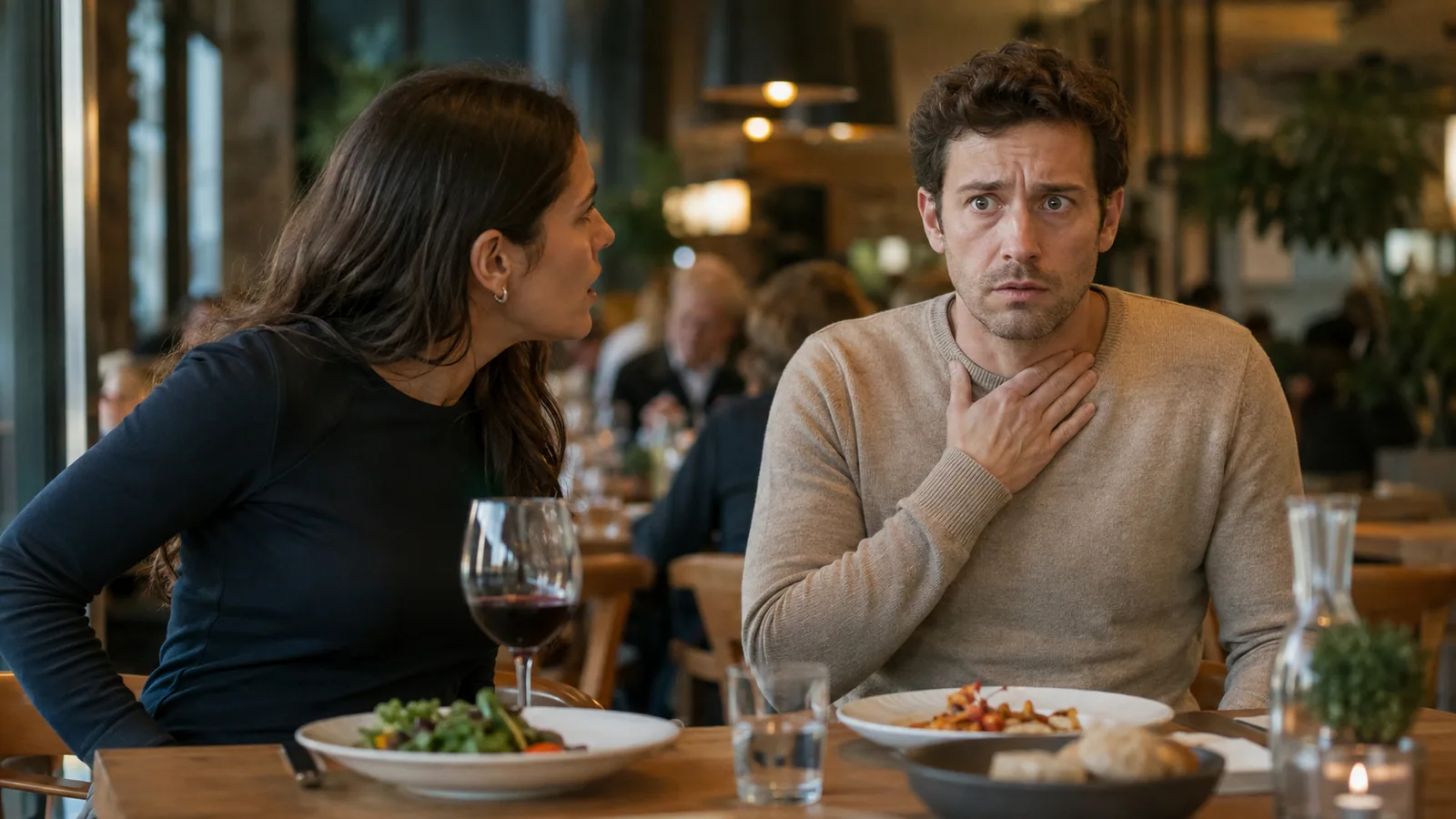 A man at a restaurant table sitting bolt upright with one hand clamped to his throat, mouth open and eyes wide, making no sound, while the woman beside him turns toward him.