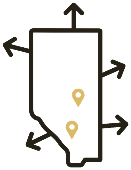 Outline map of Alberta with Calgary and Leduc pinned, and arrows pointing beyond the province